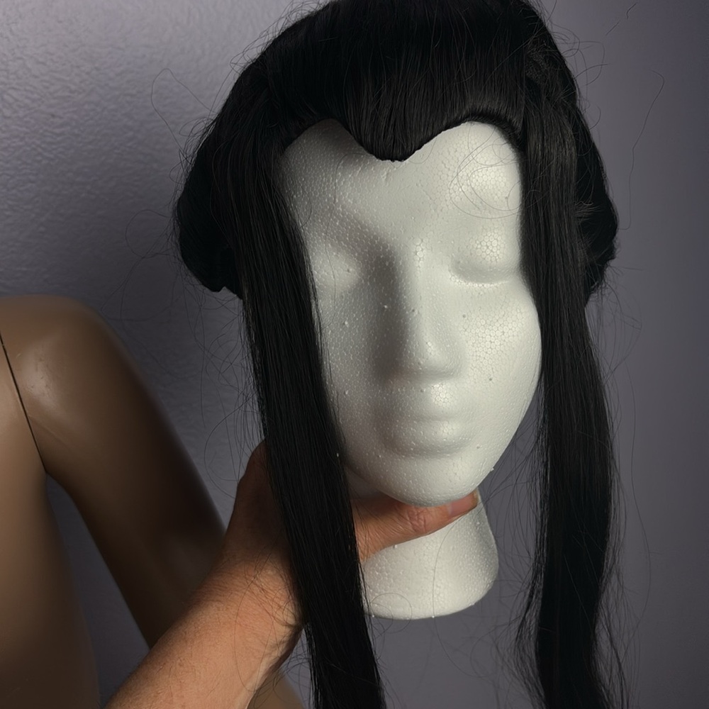 NEW Extra Long Black Cosplay Wig Widows Peak Vegeta Samurai 27" length Hairnet